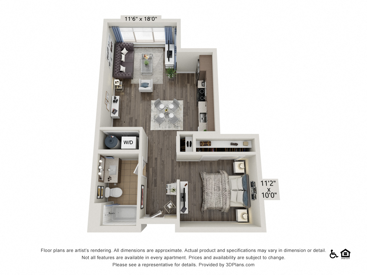 Floor plan for studio, 1 bath, 585 sqft